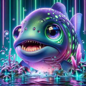 Cute giant purple and neon green piranha
