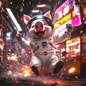 Cartoon cute pig in vintage white spacesuit and NASA style helme...