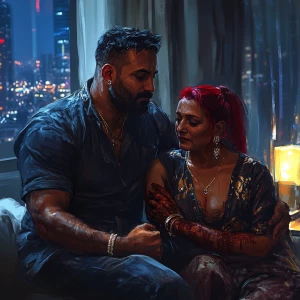 realism art  style.A sweaty beefy muscular man sitting with his...