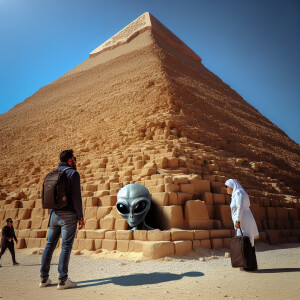 Full veiw of Picture of an Egyptian pyramid with a grey aliens h...