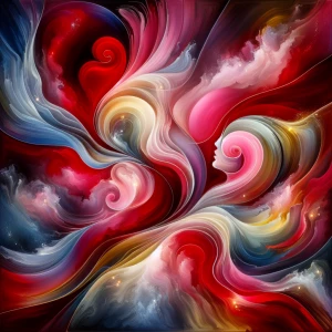 "Create an abstract art piece that embodies the essence of Valentine's Day through a fusion of swirling, vibrant colors. Use bold, flowing reds, soft pinks, and glints of gold to evoke warmth and passion. Incorporate fluid shapes and dynamic lines that intertwine and overlap, suggesting tender embraces and heartfelt connections. The interplay of light and shadow should hint at the depth of emotion and the multifaceted nature of love, inviting viewers to feel the ambiance of romance through an abstract lens."