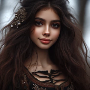 The image features a young woman with long, flowing hair adorned...