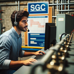 Сотрудник колл центра на котельной с табличкой “SGC”