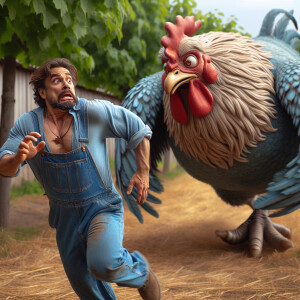 a man wearing overalls chased by super big chicken ,close-up sho...