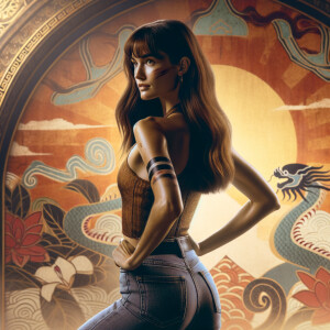 Athletic Thin skinny Attractive, Asian teenage girl, long brown hair and bangs, wearing tight skinny jeans and a halter top paint marks on her clothing, heroic pose Asian graffiti background, backside view