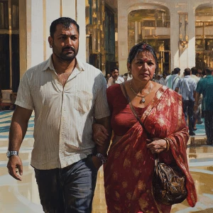 Realism.A sweaty man walking with his mother in law with noseri...