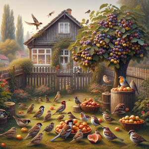 Birds enjoying figs in the backyard of a quaint village home