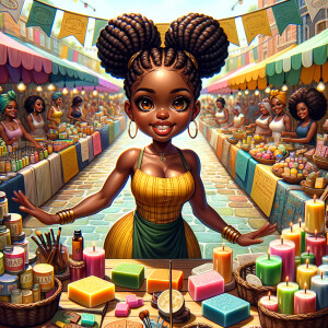 "Envision a digital painting of a vibrant African American chibi character, boasting an athletic yet curvy build. She has wide almond-shaped eyes and luscious full lips. Her hair is elegantly styled into an updo of locs, each adorned with shiny golden cuffs. She stands proudly behind a booth at a bustling craft fair, surrounded by her own handmade colorful soaps and aromatic candles. She wears a branded apron over a cheerful summer dress, actively engaging with customers. The perspective of the artwork is dynamic, with the craft table positioned at an inviting angle, allowing a three-dimensional view of the varied products. Banners flutter above her, displaying the brand name in a festive font. This scene is alive with the fair's energetic atmosphere, focusing on the rich interactions between the creator and her patrons, and showcasing the intricate textures and vivid colors of the crafts."