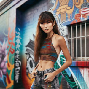 Athletic Thin skinny Attractive, Asian teenage girl, long brown hair and bangs, wearing tight skinny jeans and a halter top paint marks on her clothing, heroic pose Asian graffiti background