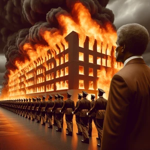 Depict a house fully engulfed in flames with thick smoke billowi...