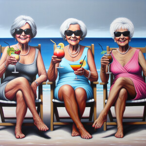 A whimsical front view of three elderly ladies with gray to whit...