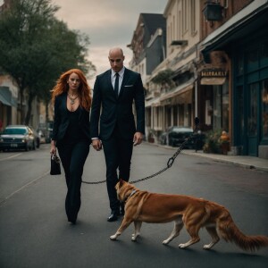 Create a photorealistic image of a stylish couple walking down a...