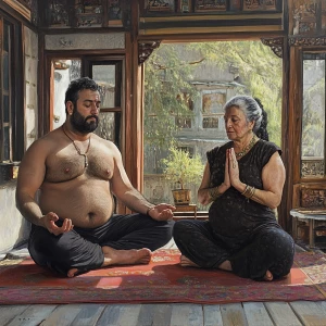 Photorealism,realism,A man muscular beefy sweaty doinga yoga sit...