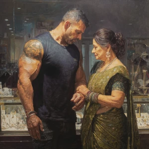 Hyperrealistic oil painting.a muscular beefy tattoed gujarati sw...