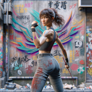 Athletic Thin skinny Attractive, Asian teenage girl, long brown hair and bangs, wearing tight skinny jeans and a halter top paint marks on her clothing, heroic pose Asian graffiti background, backside view