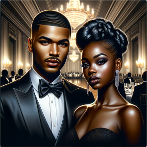 Depict an African American duo at a lavish gala. The gentleman s...