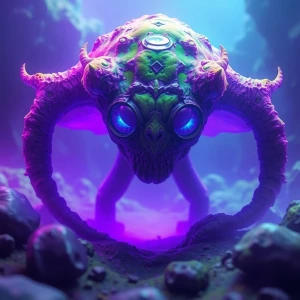 Ultra realistic creature from a void purple blues greens -