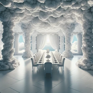 A grand dining room made out of clouds in a cloud castle.