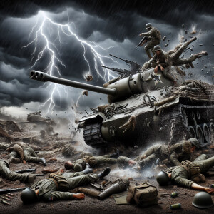 A tank, in pieces from a mortar shell hit, soldier’s being blown...