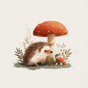 Vintage storybook hedgehog beside mushroom, warm color scheme, c...