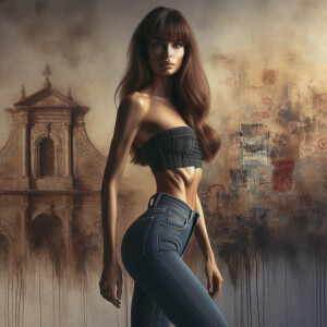 Athletic Thin skinny Attractive, Asian teenage girl, long brown hair and bangs, wearing tight skinny jeans and a halter top paint marks on her clothing, heroic pose Asian graffiti background,  backside view