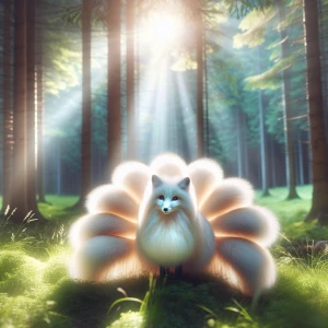 A pregnant nine tailed fox with very fluffy fur