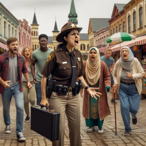 A deputy sheriff, visibly angry, shouting at a diverse group of...