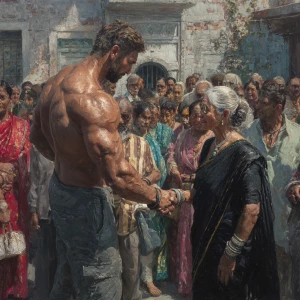 Hyperrealism photo painting. a muscular, sweaty criminal man  gr...