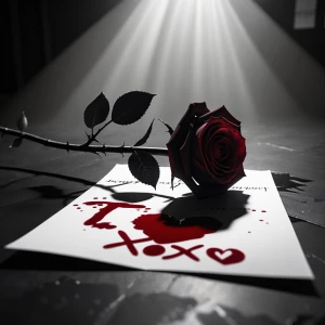 A black rose with dark red blood on it thrown across a love note...