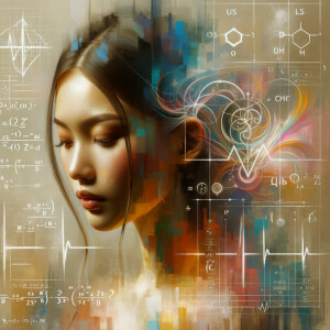 Abstract, minimalist, painting, with pencil line, paint stroke, gestures, colorful marks, mathematical equations, electrical cardiogram, printouts complex math formulas, dna asian teen girl