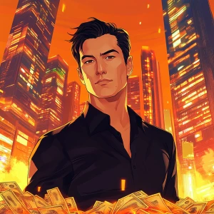 Create a character portrait of a man standing on a mountain of m...