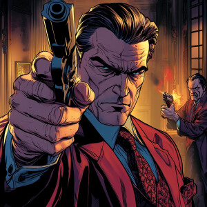 a superhero who has a revolver and is dressed in a noir detectiv...