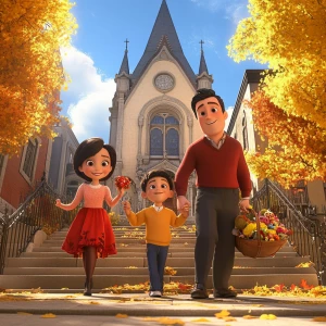 Create an animated Pixar image of a beautiful happy biracial family walking up the steps of a church