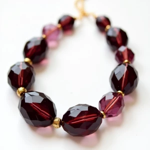 Design a statement jewelry piece with asymmetrical burgundy glas...