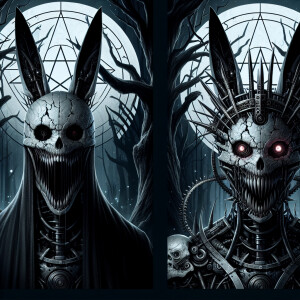 Create a digital horror illustration showcasing two figures: 

F...