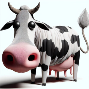 Visualize a standing in 2 feet cow that has a big head with thic...