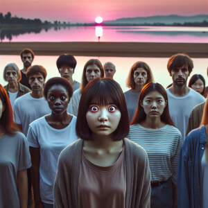 A group of people stands by the lake in the morning. One girl ha...