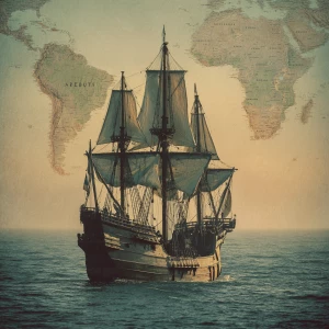 A vessel from the 1400s ship in the ocean same colors add the te...