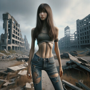 Skinny and thin Asian teen girl wearing skin tight jeans that are worn and frayed, long hair and bangs heroic ready to fight stance