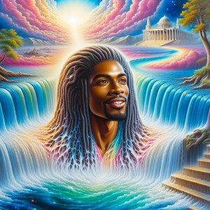 A hyper-realistic 3-Dh oil painting colorful waterfall out of th...