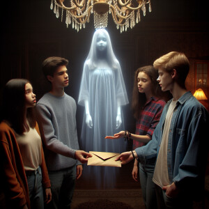 Four teenagers give a letter to a ghost girl. They are standing...