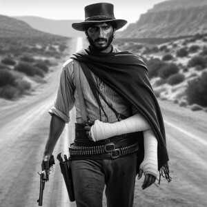 An old west cowboy standing in the middle of the road, six shoot...