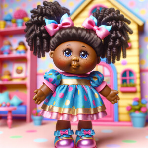 Design a 3-D realistic original African-American Cabbage Patch doll. She has on a blue pink and gold dress with matching booties. She has pink and blue bows in her hair. she lives inside of a colorful dollhouse. She has freckles and big dimples.