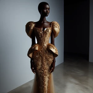 full body photography, anok yai wearing avant garde gold gown