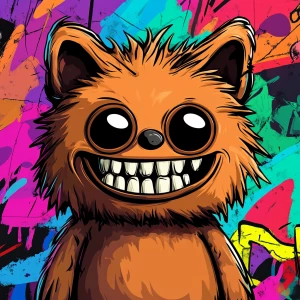 Stylized character portrait of a mischievous designer toy creat...