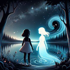 Two girls are standing by the lake at night and souls are flying...