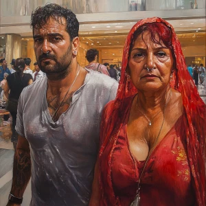 Realism sharp detailed painting.A sweaty beefy man walking with...