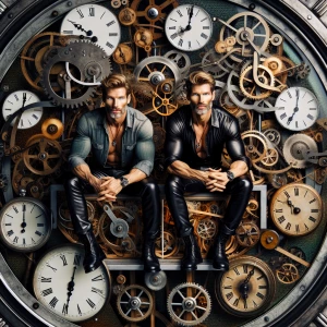 Two shirtless wearing leather fitted pants, muscle bearded men b...