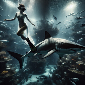 underwater image of a woman freediving alongside a great white s...