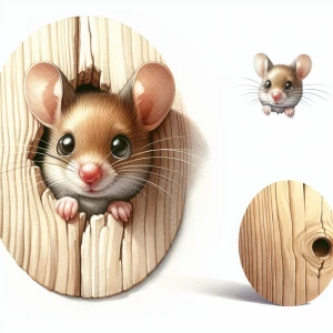 mouse peeking through a hole in wood baseboard, watercolor, illu...